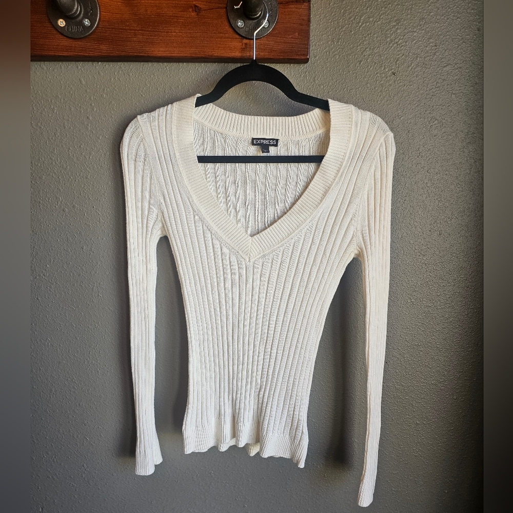 Express Ribbed Knit Sweater in Cream